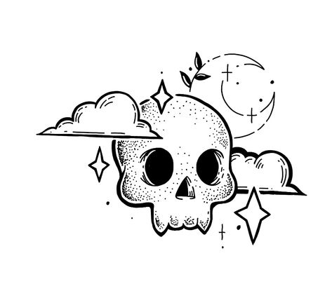 Ghost With Moon Tattoo, Skeleton Doodle Easy, Old School Tattoo Drawing, Simple Dark Tattoos, Simple Skull Tattoo, Patchwork Tattoo Ideas Drawings, Skeleton Doodle, Halloween Tattoo Designs, Doodle Easy