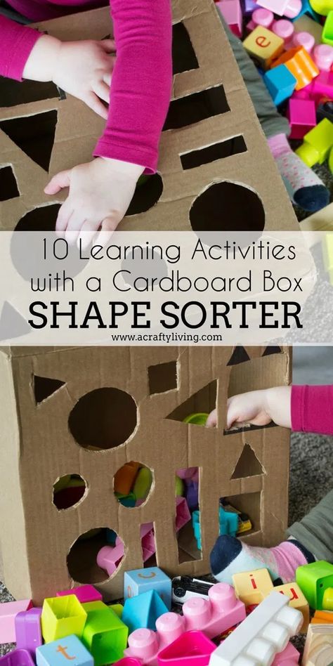 10 Learning Activities with a Cardboard Box - A Crafty LIVing Toys Activities For Kids, Creative Curriculum Preschool, Cardboard Box Crafts, Trendy Toys, Creative Curriculum, Learning Shapes, Shapes Activities, Toddler Learning Activities, Toddler Fun