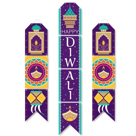 Happy Diwali Indoor Door Decor INCLUDES: 10 heavy-duty paper pieces to create 3 vertical banners and 10 yards white 2mm satin cord. Easy assembly required. FUN PARTY BANNER: Vertical hanging door banners will create that wow-factor at your Festival of lights party. Hang at the entrance of your event, over the food or gift table, or any open wall space to create a fun focal point. WALL DECORATION KIT: All banner sign pieces SIZE 7.5 inches wide x 10.75 inches. Each piece has pre-cut holes for eas Indoor Door Decor, Door Banners, Happy Diwali Photos, Halloween Yard Art, Party Wall Decorations, Diwali Photos, Lights Party, Ads Creative Advertising Ideas, Rolled Paper Art