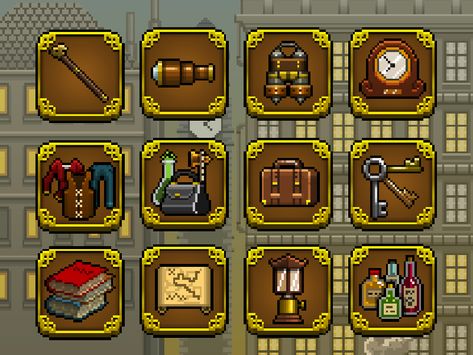 Dribbble - Steampunk Pixel Art Icons by Nat Iwata Video Game Inventory, Pixel Art Inventory, Steampunk Pixel Art, Steampunk Video Game, Roguelike Pixel Art, Game Inventory, Pixel Rpg Games, Top Down Rpg Pixel Art, Pixel Icons