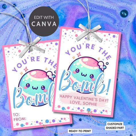 😍 Bath Bomb Editable Printable Tags | Youre the Bomb Tag | Bath Bomb Stickers Packaging | DIY Valentine | Friend Coworker Classmate Neighbor 😍 by Given Crafted Wonders starting at $5.99 🛁✨ "You're the Bomb" Bath Bomb Gift Tags 💌💖 Turn every bath into a blissful escape with these enchanting gift tags, bubbling with charm! Just what you need to set off a 'fizz'! With your purchase, you'll dive into: 📄 Two PDFs: A print-ready collection of tags adorned with an adorable, smiling bath bomb, s... You're The Bomb, Monthly Celebration, Magical Design, Youre The Bomb, Stickers Packaging, Packaging Diy, Business Colors, Friends Valentines, Diy Valentine