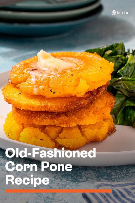 Old-fashioned corn pone is a simple Southern side dish that has stood the test of time. The simple cornmeal pancakes are fried in a skillet (in bacon fat!) until crisp and golden. Made from just four ingredients, these corny cakes are welcome at breakfast or as a starchy side to serve with savory stews come dinnertime. #oldfashionedcornpone #oldfashionedcornponerecipe #cornponerecipe #cornpone Corn Pones Recipes, Fine Cornmeal Recipes, Cornmeal Breakfast Recipes, Cornbread Fritters Fried, Cornpone Recipe, Corn Pone Recipe, Corn Meal Cakes, Corn Bread Pancakes, Cornmeal Breakfast