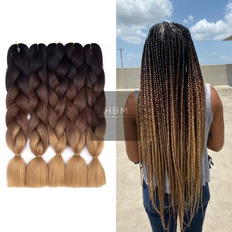 Lighten up your life with some color! 2/3/4 Tone Ombre Braiding Hair Seamless Blend, Easy to use Over 10 colors available! High Quality Synthetic Fibers Recommended for Braids, Twists and Ponytails 24in (folded) 48in (stretched) 1 bundle per pack My Recommendations Ponytails/ 2 feed ins (1-2 packs) Large Knotless/ Box Braids/ 4-8 feed ins (4-6 packs, depending on thickness/length desired) Small/Medium Knotless/Box Braids/7 or more Feed ins (8-10  packs, depending on thickness/length desired) Small Medium Knotless, Large Knotless Box Braids, Medium Knotless Box Braids, Faux Locs Goddess, Large Knotless, Ombre Braiding Hair, Bantu Knot Hairstyles, Medium Knotless, Feed Ins