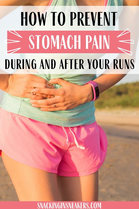 A woman holding her stomach while finishing a run, depicting stomach pain after running, with a text overlay that says how to prevent stomach pain during and after your runs. Why Does My Stomach Hurt, Running Training Plan, Thigh Rub, Running Coach, Pre Workout Food, My Stomach Hurts, Stomach Cramps, Stomach Muscles, Feeling Nauseous