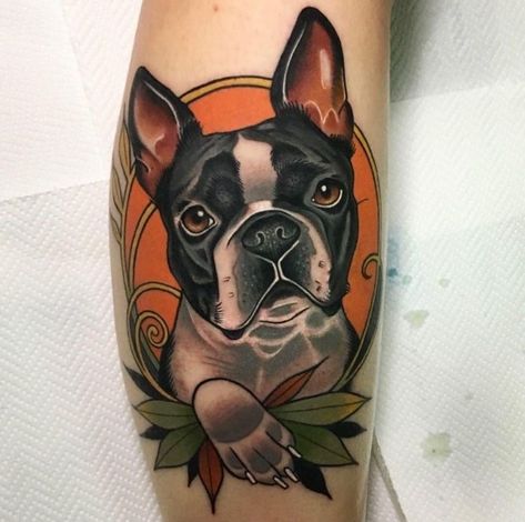 Neotraditional Dog Portrait, Bulldog Portrait Tattoo, Boston Terrier Traditional Tattoo, Cartoon Pet Tattoo, Neo Traditional Dog Portrait Tattoo, Neo Traditional Pet Tattoo, Neo Traditional Pet Portrait, Neo Trad Dog Tattoo, Traditional Pet Portrait Tattoo