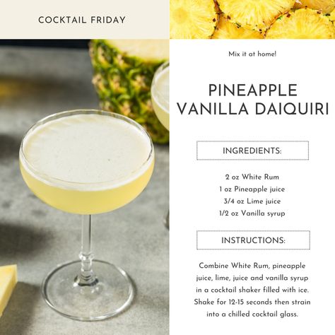 Sun's out, daiquiris out! 🌞🍹⁠ Mix up your tropical getaway with a Vanilla Pineapple Daiquiri—sweet, refreshing, and brimming with tropical pineapple flavours.  ��⁠ ⁠ Shake it up with Bacardi White Rum 750 mL, now available for $22.99 (save $1) Bacardi Cocktails Recipes, Bacardi Cocktails, Pineapple Daiquiri, Bacardi White Rum, Bacardi Cocktail, Breakfast Drinks, Girly Drinks, Virgin Drinks, Daiquiri Recipe