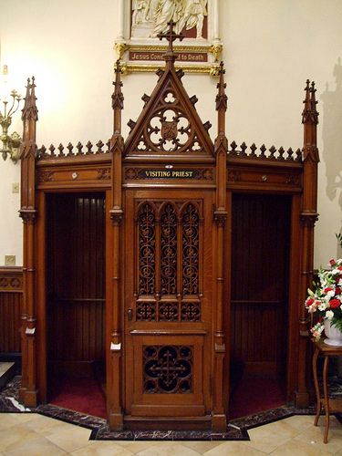 Confessional Booth Aesthetic, Confessional Booth, School Chapel, Romance Decor, Halloween Bathroom, Modern Church, Gothic Furniture, Feel Stuck, Sacred Architecture