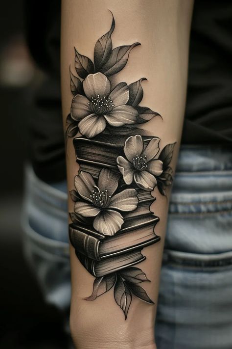 book tattoo ideas 79 Stacked Books Tattoo, Books Tattoo Ideas, Reader Tattoo Ideas, Library Tattoo, Bookworm Tattoo, Reader Tattoo, Book Tattoo Ideas, Book Inspired Tattoos, Flowers Intertwined