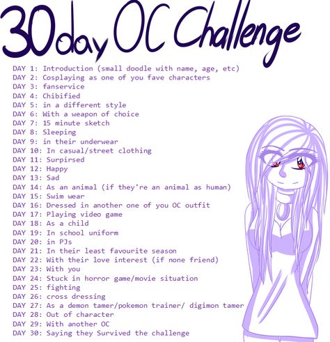 Oc Drawing Challenge, 30 Day Oc Challenge, Day Oc Challenge, 30 Day Art Challenge, 30 Day Drawing Challenge, Oc Drawing, Art Style Challenge, Oc Challenge, Drawing Ideas List