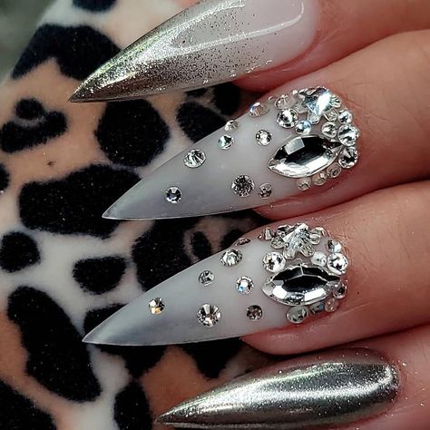 Ombre Nail Designs Stilettos, Gray Bling Nails, Bling Stiletto Nails Rhinestones, Grey Bling Nails, Extravagant Nails Designs, Nail Gray, Extravagant Nails, Gems Nails, Almond Acrylic Nails Designs