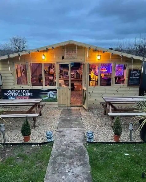 Sheds Turned Into Bars Backyards, Cook House Ideas Outdoor, Backyard Shop Buildings, Party Sheds Ideas Backyards, Party Shed Ideas, Backyard Bar And Grill Ideas, Shed Hangout Ideas, Backyard Pub Shed, Diy Backyard Bar