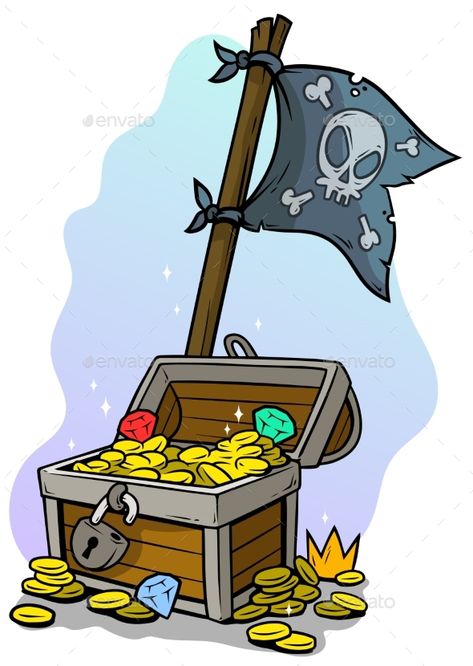 Cartoon open treasure chest with diamonds, gold coins and black pirate flag isolated on blue background. Vector icon. Open Treasure Chest, Cartoon Treasure Chest, Bones Cartoon, Treasure Cartoon, Black Pirate, Pirate Treasure Chest, Buy Gold And Silver, Ancient Roman Coins, Pirate Art