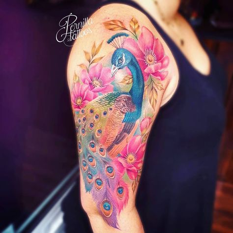 Arm And Back Tattoo, Peacock Tattoo Sleeve, Tattoo Peacock, Forearm Cover Up Tattoos, Flower Leg Tattoos, Plumeria Tattoo, Bum Tattoo, Floral Peacock, Hip Thigh Tattoos