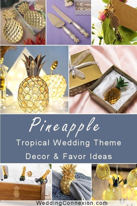 Add an exciting exotic vibe to your event with a pineapple tropical wedding theme. Get inspired with these spiky fruit decorations and favors for a fun and easy to integrate into your pineapple topical wedding theme at WeddingConnexion.com Hawaii Wedding Theme, Pineapple Wedding Decor, Tropical Reception, Summer Wedding Trends, Quirky Wedding Ideas, Beach Wedding Style, Pineapple Wedding, Tropical Wedding Theme, Pineapple Theme