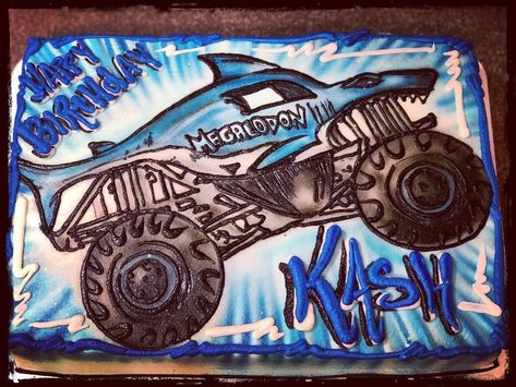 www.facebook.com/cakesbyamos Megladon Shark Monster Truck Cake, Monster Jam Megalodon Birthday, Megalodon Monster Truck Birthday Cake, Blue Monster Truck Cake, Megalodon Monster Truck Cake, Megalodon Monster Truck Birthday Party, Megladon Monster Truck Cake, Monster Jam Birthday Cake, Monster Truck Theme Birthday Party