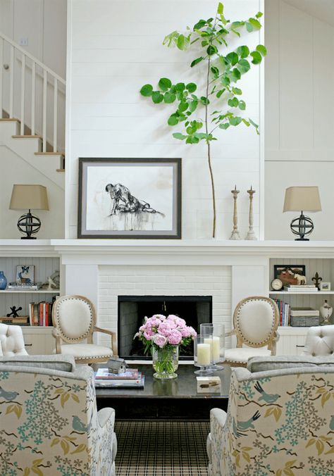 m woodruff designs living room with tall fireplace shiplap brick and wood Mantel Styling, Traditional Living, Traditional Living Room, Brick Fireplace, Fireplace Design, A Living Room, A Fire, Great Rooms, Interior Exterior