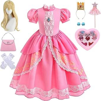 ZALOORIY Princess Peach Costume for Girls Princess Peach Dress with Accessories Halloween Costumes for Kids Princess Peach Dress, Princess Peach Costume, Outfit Rosa, Peach Costume, Lace Dress Outfit, Pink Princess Dress, Toddler Princess Dress, Halloween Party Dress, Vestidos Color Rosa