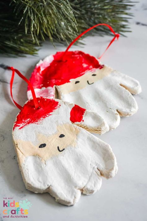 Santa handprint salt dough ornaments Handprint Salt Dough, Salt Dough Santa, Homemade Salt Dough, Handprint Santa, Salt Dough Handprint, Santa Handprint Ornament, Santa Handprint, Salt Dough Christmas Ornaments, Salt Dough Crafts