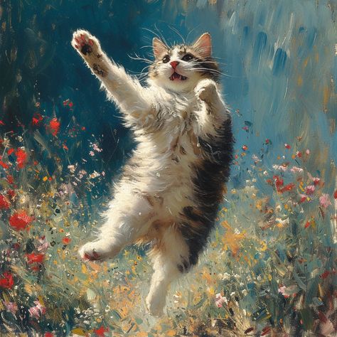 Home Decor Cute Wall Art Vintage Oil Painting Style Cat Jump mid-air  - DIGITAL ART 1024px x1024px Kitten Oil Painting, Goblincore Art, Cute Wall Art, Home Decor Cute, Wall Art Vintage, Vintage Oil Painting, Cat Decor, Kitty Cats, Painting Style