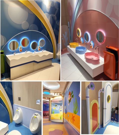 Daycare Design Architecture, Daycare Restroom Ideas, Kindergarten Bathroom Ideas, Daycare Bathroom Ideas, Daycare Exterior, Kindergarten Bathroom, Daycare Interior Design, Daycare Room Design, Indoor Playground Design