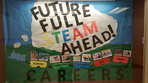 Full Steam Ahead Bulletin Board, Steam Bulletin Board Ideas Preschool, Steam Board Ideas, Train Bulletin Board Ideas, Steam Bulletin Board Ideas, Train Bulletin Boards, Career Bulletin Boards, Stem Bulletin Boards, Elementary School Bulletin Boards