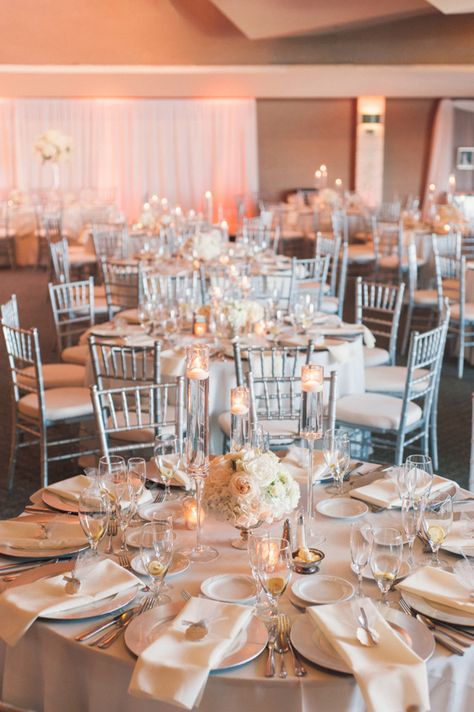 Wedding Table Centerpieces Elegant, Wedding Table Decorations Elegant, Wedding Table Decorations Candles, Wedding Reception Candles, Silver Chiavari Chairs, Candles Reception, Wedding Reception Chairs, Chairs Wedding, Wedding Reception Hall