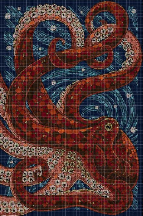 Kraken Cross Stitch, Cross Stitch Jellyfish, Ocean Cross Stitch Patterns, Monster Cross Stitch, Octopus Cross Stitch, Octopus Embroidery, Art Octopus, Dmc Cross Stitch, Knitting Machine Patterns