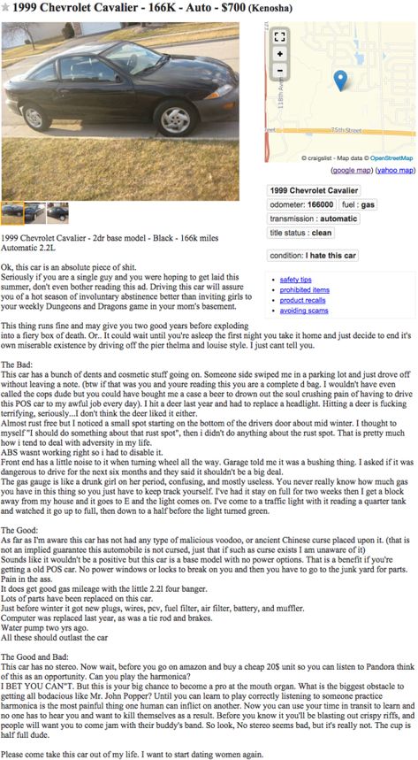 This Craigslist Car Ad Is Brutally Honest Funny Craigslist Ads, Craigslist Cars, Chevy Cavalier, Chevrolet Cavalier, Divorce Humor, Brutally Honest, Dating Advice For Men, Single Mom Quotes, Dating After Divorce