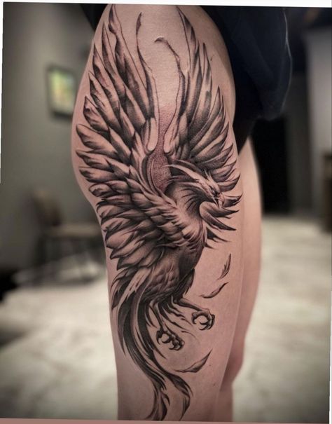 Phoenix Tattoo Thigh, Phoenix Tattoo Leg, Feniks Tattoo, Phoenix Tattoo Sleeve, Tato Phoenix, Fenix Tattoo, Snow Tattoo, Phoenix Tattoo Feminine, Rooster Tattoo