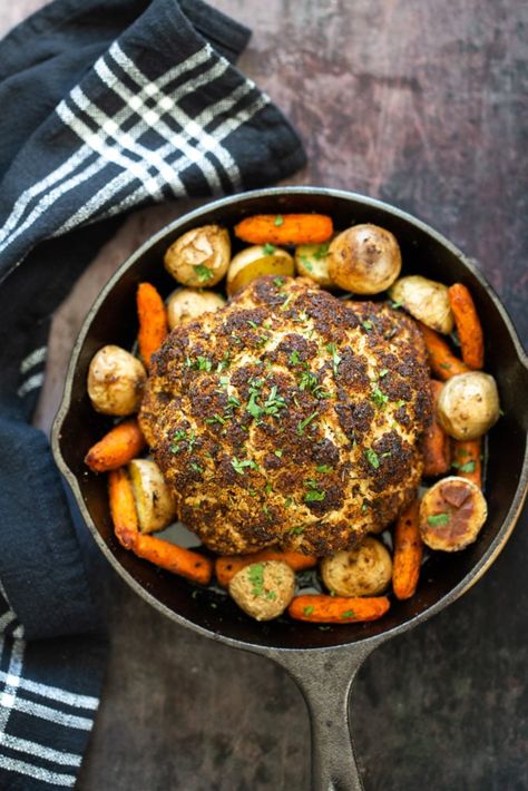 Baked Whole Roasted Cauliflower Vegetarian Thanksgiving Main Dish, Vegan Camping Food, Thanksgiving Main Dish, Thanksgiving Mains, Cauliflower Vegan, Christmas Main Dishes, Vegan Worcestershire Sauce, Vegan Richa, Cauliflower Dishes