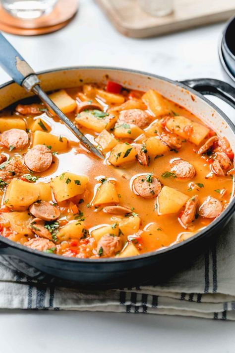 Potato Goulash with Sausage is a simple and delicious childhood favorite dinner. It's quick to make, and the kids adore it. This dairy-free recipe is the perfect midweek dish for potato lovers and it’s made in about 45 minutes. #jernejkitchen #potato #goulash #vegetariangoulash #dinner #quickdinner #familydinner #dairyfree Potato Goulash, Roasted Smashed Potatoes, How To Make Potatoes, Spinach Curry, Favorite Dinner, Sausage Potatoes, Beautiful Food Photography, Incredible Recipes, Goulash