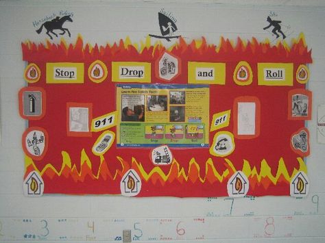 Fire bulletin board Fire Bulletin Board, Fire Safety Bulletin Board, Safety Bulletin Board, Stop Drop And Roll, Fire Safety Theme, Fire Safety Preschool, Classroom Bulletin Boards, Customer Loyalty, Fire Safety