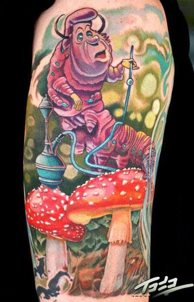 Caterpillar Tattoo, Alice In Wonderland Mushroom, Caterpillar Alice In Wonderland, Alice And Wonderland Tattoos, Wonderland Tattoo, Mushroom Tattoos, Pinup Style, Cartoon Tattoos, Disney Tattoos