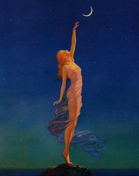 Download Image of "Reaching for the moon", painting by Edward Mason Eggleston. Free for commercial use, no attribution required. "Reaching for the moon", painting by Edward Mason Eggleston. Print by U. Rae Colson.. Dated: 01.02.1933. Topics: illustrations by edward mason eggleston, people with the moon in art, art deco, edward mason eggleston, famous paintings in public domain Edward Mason, Reaching For The Moon, Art Sinistre, Altar Art, Maxfield Parrish, Poster Artwork, Arte Inspo, Creepy Art, Antique Paint