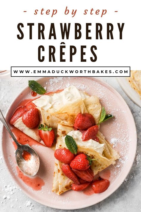 These Strawberry Crêpes add the perfect balance of simplicity and sophistication for your weekend breakfast. Traditional French Crepes are served with sweetened whipped cream and juicy, vanilla roasted strawberries. Perfection! Strawberry Crepe Filling, Crepe Pancake Recipe, Refreshing Dessert Recipes, Best Crepe Recipe, Lemon Crepes, Frozen Treats Recipes, Roasted Strawberry, French Dessert Recipes, Strawberry Crepes