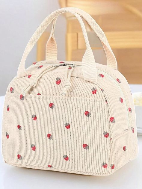 Unisex Cute Corduroy Strawberry Lunch Bag, Reusable Insulated Lunch Box, Large Capacity Reusable Cooler Bag For Work, Picnic Or TravelBack To School Lunch Kit School Stuff For School Lunch Box Bag Home Essentials Back To School Supplies Beige    Polyester Colorblock,Geometric,Plain,Striped,Fruit&Vegetable Zipper Lunch Bag   Functional Bags, size features are:Bust: ,Length: ,Sleeve Length: Strawberry Lunch, Stuff For School, Lunch Kit, Cooler Lunch Bag, School Lunch Box, Lunch Box Bag, Sac Lunch, Insulated Lunch Box, Back To School Supplies