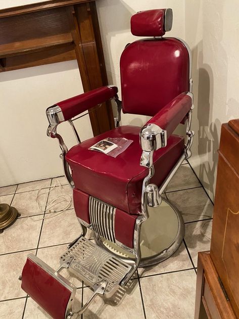 Lot - Vintage Belmont Mid Century Barber Chair w/ Red Upholstery.  Vintage Belmont Mid Century Barber Chair w/ Red Upholstery Measures: Approximately 44''x 29''x 47'' Barber Chair Vintage, Barber Chair For Sale, Barber Chairs, Vintage Barber, Barber Chair, Tattoo Shop, Desk Chair, Barber Shop, Chair Design