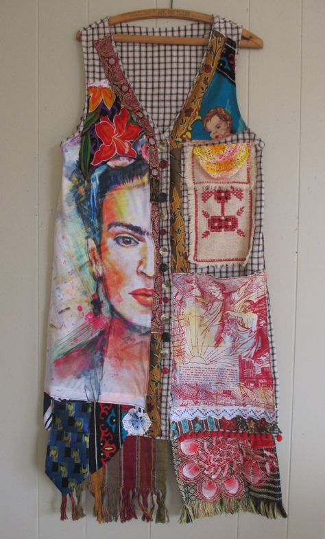 Reserved Listing FRIDA WEARABLE ART Latino Kimono Smock Mybonny Abstract Altered Artist Couture Vintage Mexican Collage Clothing - Etsy Quilted Vests For Women, Mexican Collage, Upcycled Couture, Diy Scarves, Gingham Dresses, Abaya Mode, Clothing Redo, Upcycle Inspiration, Ropa Upcycling