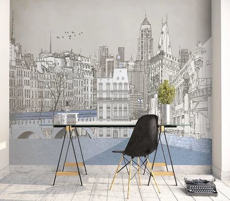 City Wallpaper Original Poster Nordic Abstract Architecture Sofa TV Background Wall Decoration Paint Wall Drawing Ideas, Cityscape Drawing, London Cityscape, Adhesive Wall Art, Living Room Themes, Wall Drawing, Print Ideas, Wallpaper Size, City Wallpaper