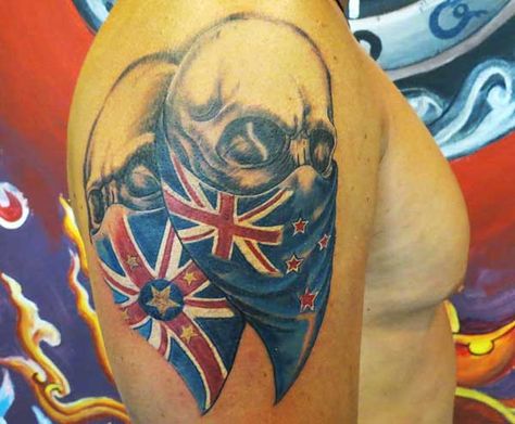 Aussie flag and skull tattoo idea Australian Flag Tattoo, Aussie Tattoo, Pegasus Constellation, Tattooed Freckles, Aussie Flag, Afro Hair Girl, Pisces Constellation Tattoo, Enough Tattoo, Taurus Constellation Tattoo