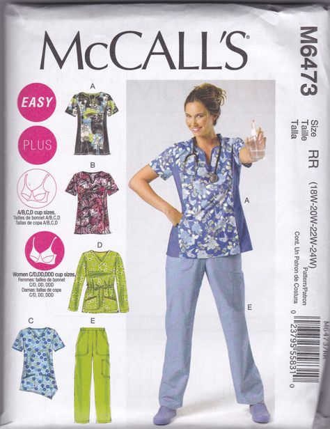 M6473 McCall's Dental Hygienist Uniform Sewing Pattern Sizes 18W-20W-22W-24W Makes Tops and Pants Scrubs Pattern, Nightgown Pattern, Bonnet Pattern, Kwik Sew, Pants Sewing Pattern, Paper Sewing Patterns, Womens Scrubs, Easy Sewing Patterns, Mccalls Patterns