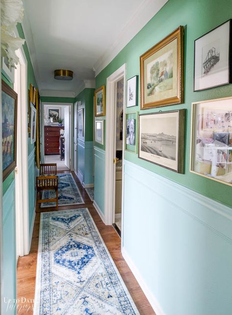 See Our Elegantly Colorful Gallery Wall Hallway Makeover Before and After! - Up to Date Interiors Walls With Chair Rail, Two Toned Walls, Hallway Makeover Before And After, Gallery Wall Hallway, Eclectic Hallway, Hallway Wall Colors, Colorful Gallery Wall, Bright Hallway, Blue Hallway