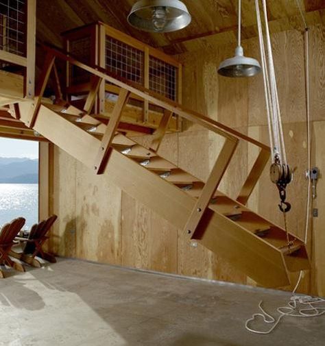 bosworth-boathouse-raising-stair Loft Ladder Retractable, Retractable Loft Ladder, Retractable Stairs For Loft, Shop Loft Ideas, Attic Stair, Retractable Stairs, Retractable Ladder, Brick Extension, Garage Stairs