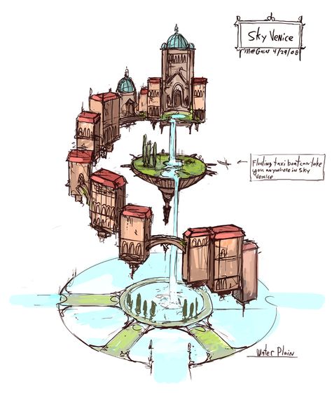 Matt Gaser» Projects World Building Drawing, World Building Ideas Art, Tower City Concept Art, World Building Art, Minecraft Build Inspiration, Fantasy Floating City, Floating House Concept Art, Floating Tower Fantasy Art, Floating Islands Fantasy Art City