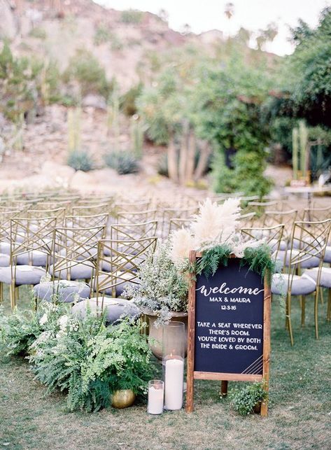 Create an inviting scene as guests arrive at the ceremony. In addition to a sweet sign, add a variety of lush potted ferns and grasses, as well as glowing candles, to greet guests as they take their seats. Vasos Vintage, Potted Ferns, Romantic Outdoor Wedding, Wedding Ceremony Ideas, Wedding Ceremony Signs, Ceremony Signs, Ceremony Seating, Wedding Aisle, Outdoor Wedding Ceremony