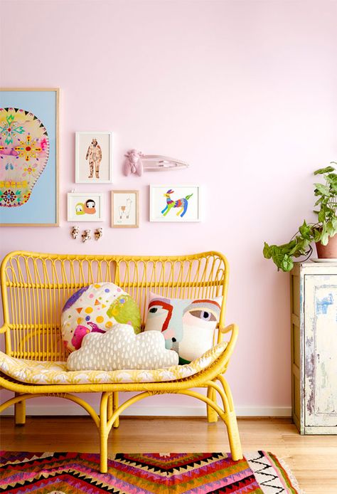 Add a Pop of Sunny Yellow to Your Kids Room Today Painting Wicker Furniture, Rebecca Judd, Painted Wicker, Yellow Chair, Deco Studio, Wicker Decor, Kids Room Design, Wicker Furniture, Pink Walls