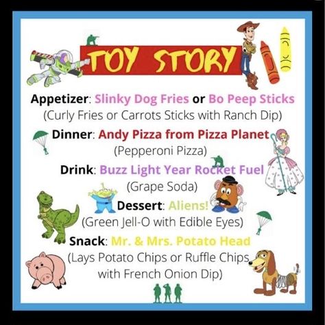 Toy Story Dinner And A Movie, Toy Story Movie Night Food, Toy Story Dinner, Pixar Recipes, Movie Themed Food, Toy Story Movie Night, Themes Dinner Nights, Disney Movie Themed Dinner, Disney Nights