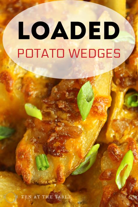 Loaded Potato Wedges are loaded with cheese, bacon & green onion. They are the perfect game day snack. It’s an easy 20-Minute recipe you’ll love! Food Recipes Appetizers, Loaded Potato Wedges, Cheesy Potato Wedges, Bacon Cheese Potatoes, Bacon Wrapped Potatoes, Cheesy Bacon Potatoes, Roasted Potato Wedges, Potato Wedges Recipe, Wedges Recipe