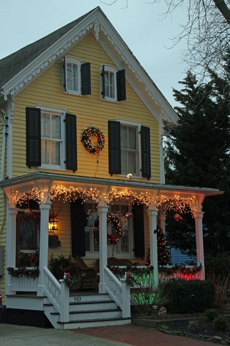 On Washington St. Christmas Lights On Houses, Curtains Inspiration, Yellow House Exterior, Victorian Cape, Christmas House Lights, Yellow House, Farmhouse Curtains, Yellow Houses, Boho Curtains