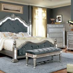 House of Hampton® Lavishly update with this stunning bed. The high back bed creates a captivating focal point with its rounded finials, smooth arches, and tufted details. Case goods shine as mirrored accents glimmer against the silver finished a set. Sculpted accents embellish with floral patterning. Size: Queen, Color: Silver High Back Bed, Traditional Bedroom Sets, Marble Inlay Floor, Bedroom Sets Furniture Queen, Dark Bedroom Furniture, Wood Bedroom Sets, Silver Furniture, Dark Furniture, King Bedroom Sets